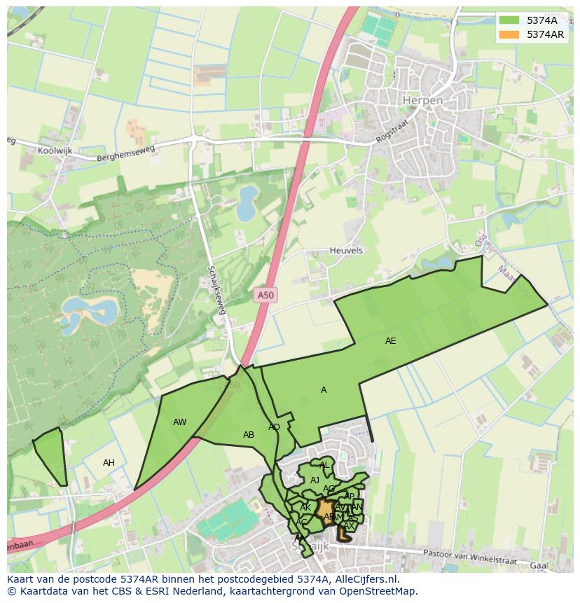 Afbeelding van het postcodegebied 5374 AR op de kaart.
