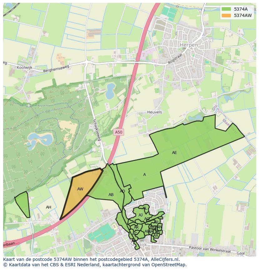 Afbeelding van het postcodegebied 5374 AW op de kaart.