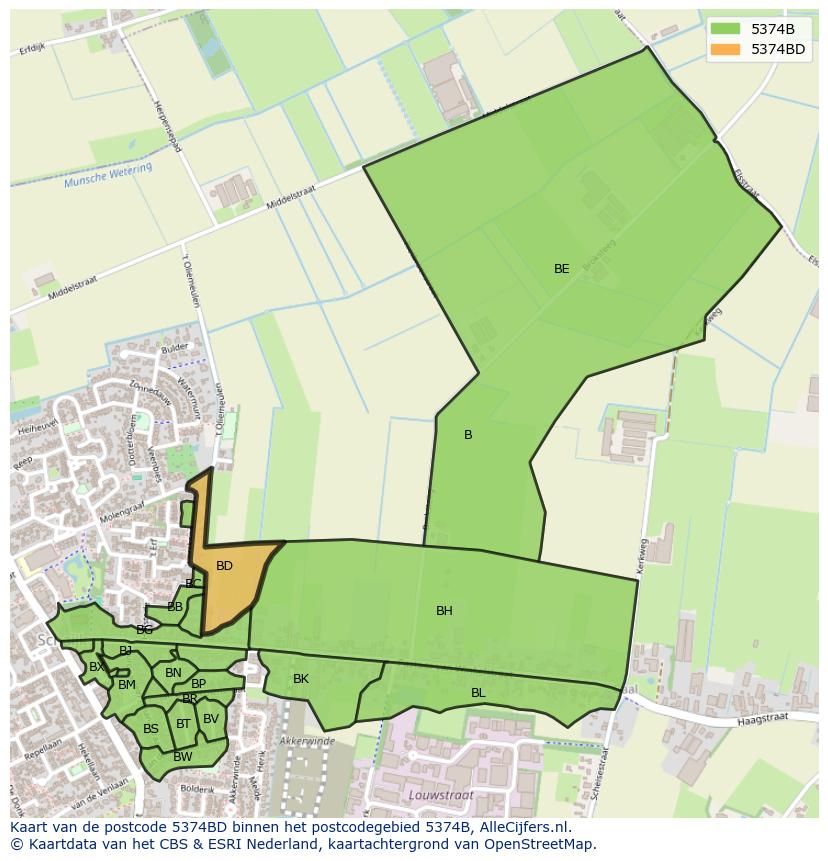 Afbeelding van het postcodegebied 5374 BD op de kaart.