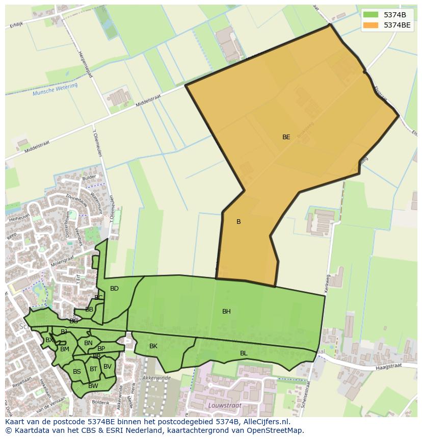 Afbeelding van het postcodegebied 5374 BE op de kaart.