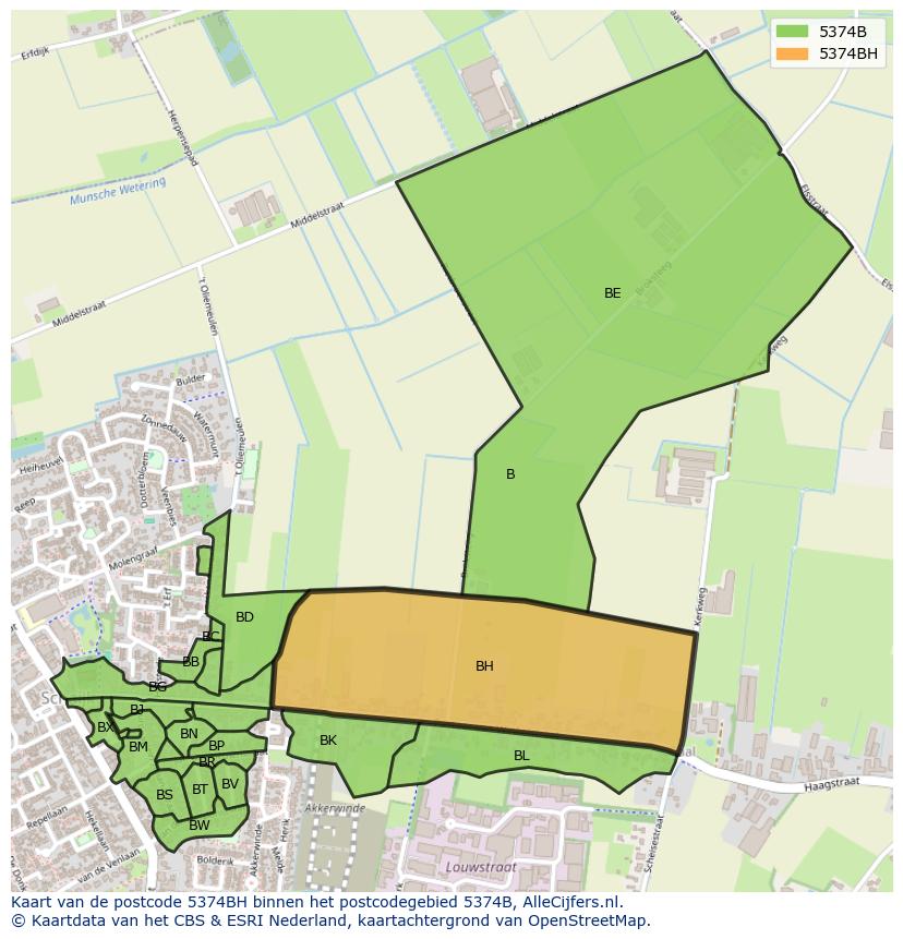 Afbeelding van het postcodegebied 5374 BH op de kaart.