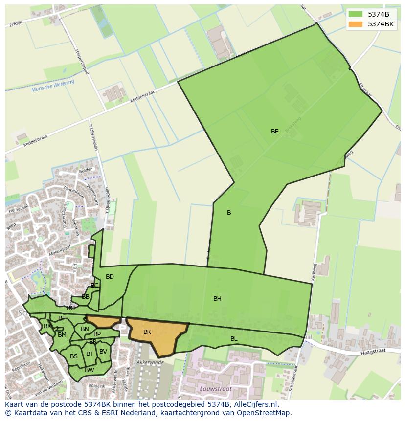 Afbeelding van het postcodegebied 5374 BK op de kaart.