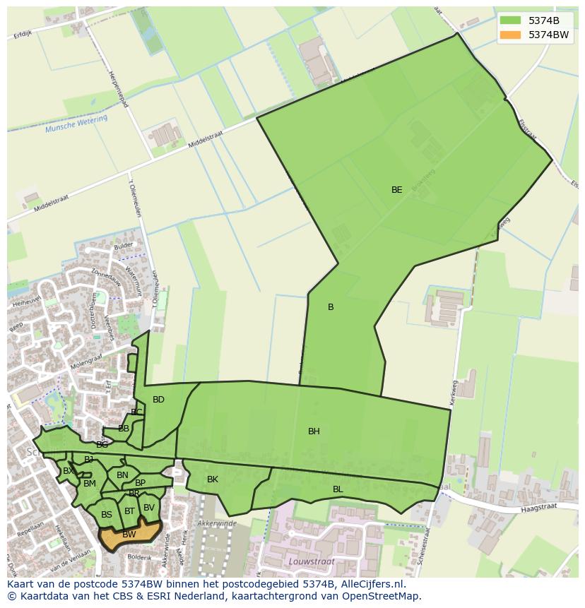 Afbeelding van het postcodegebied 5374 BW op de kaart.