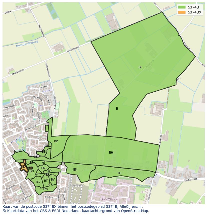Afbeelding van het postcodegebied 5374 BX op de kaart.