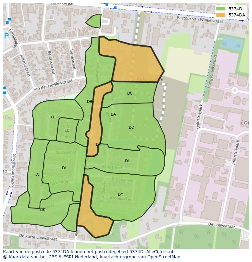 Afbeelding van het postcodegebied 5374 DA op de kaart.