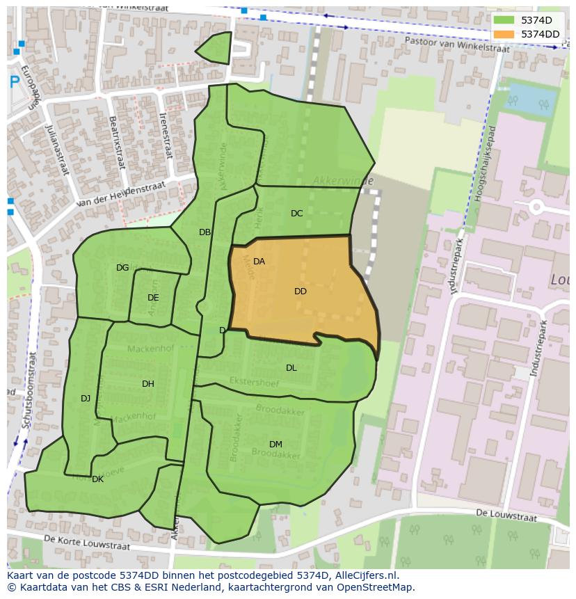 Afbeelding van het postcodegebied 5374 DD op de kaart.