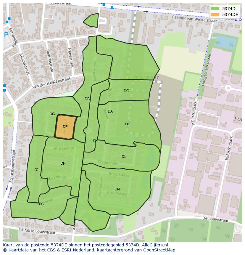 Afbeelding van het postcodegebied 5374 DE op de kaart.