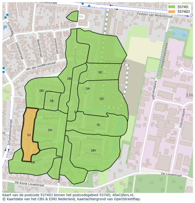 Afbeelding van het postcodegebied 5374 DJ op de kaart.