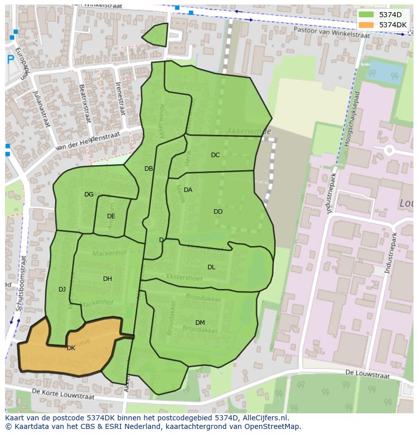 Afbeelding van het postcodegebied 5374 DK op de kaart.