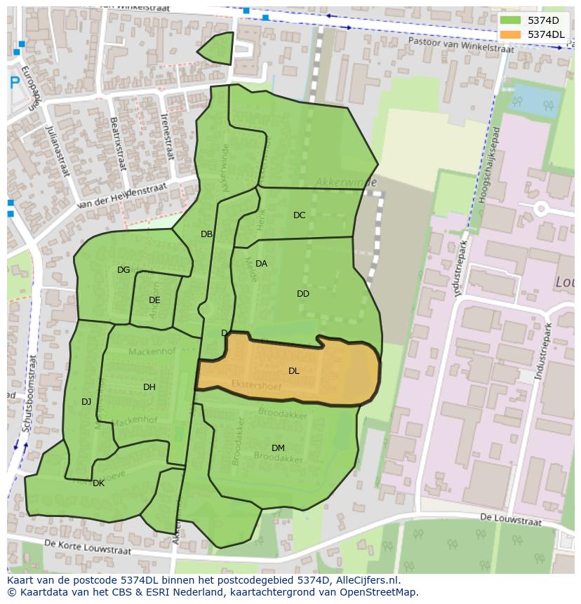 Afbeelding van het postcodegebied 5374 DL op de kaart.