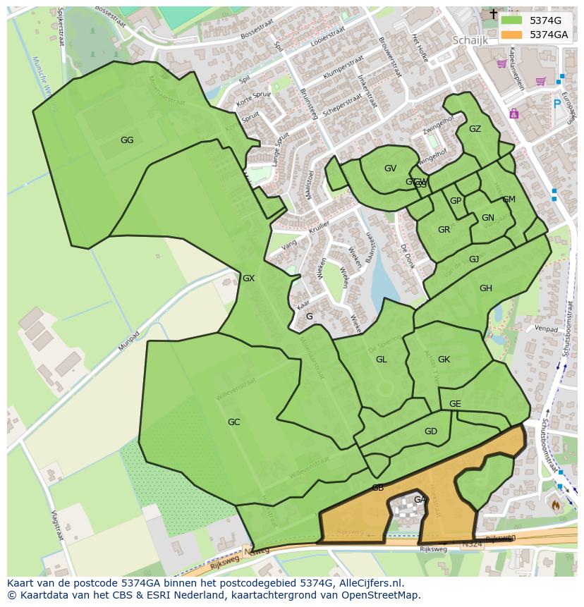 Afbeelding van het postcodegebied 5374 GA op de kaart.