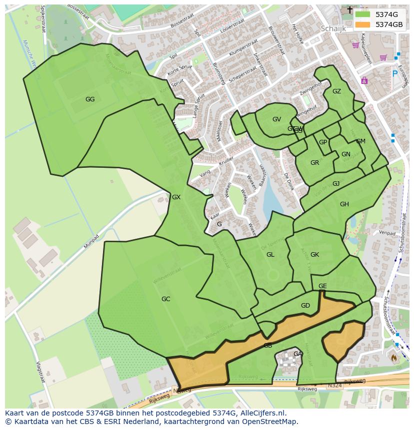 Afbeelding van het postcodegebied 5374 GB op de kaart.