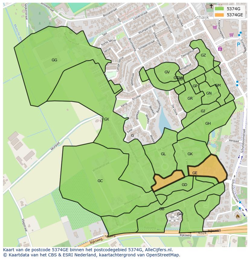 Afbeelding van het postcodegebied 5374 GE op de kaart.