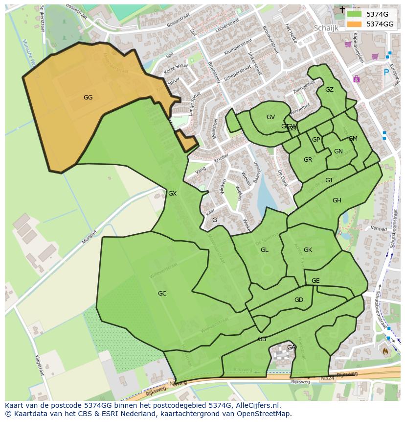Afbeelding van het postcodegebied 5374 GG op de kaart.