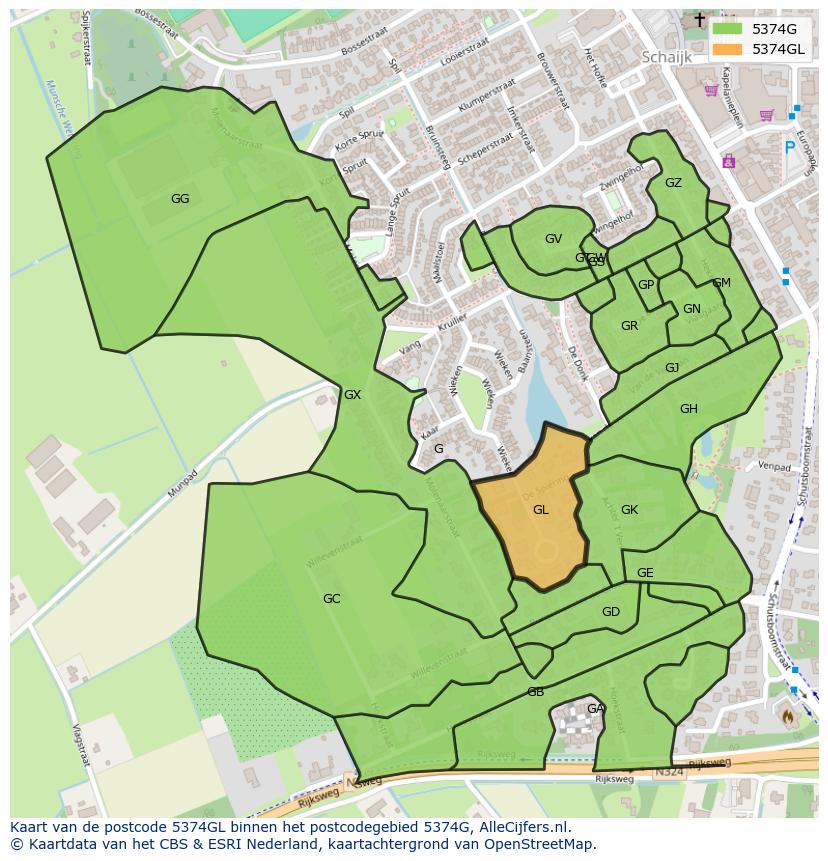 Afbeelding van het postcodegebied 5374 GL op de kaart.
