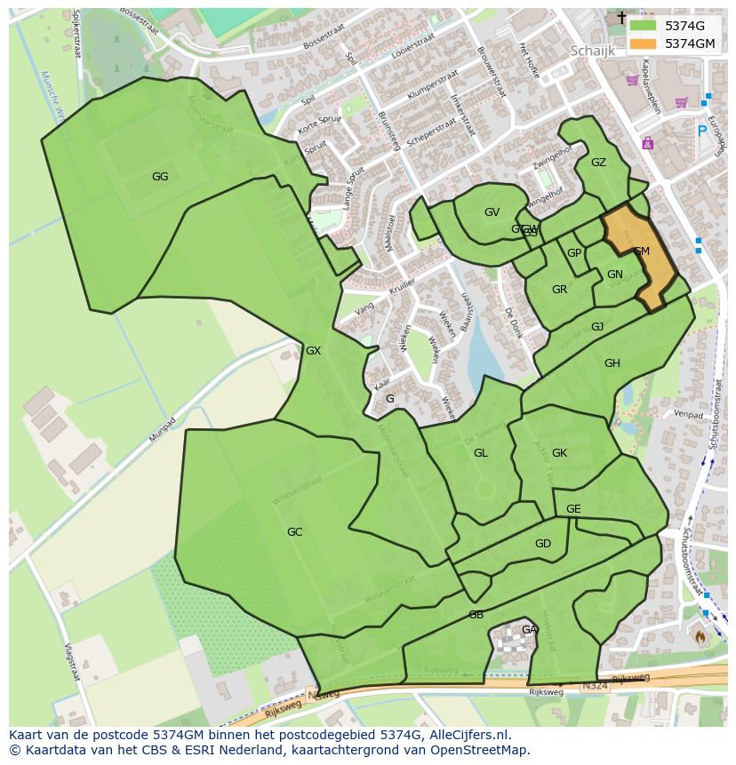 Afbeelding van het postcodegebied 5374 GM op de kaart.