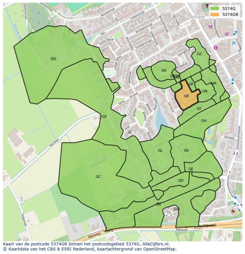 Afbeelding van het postcodegebied 5374 GR op de kaart.