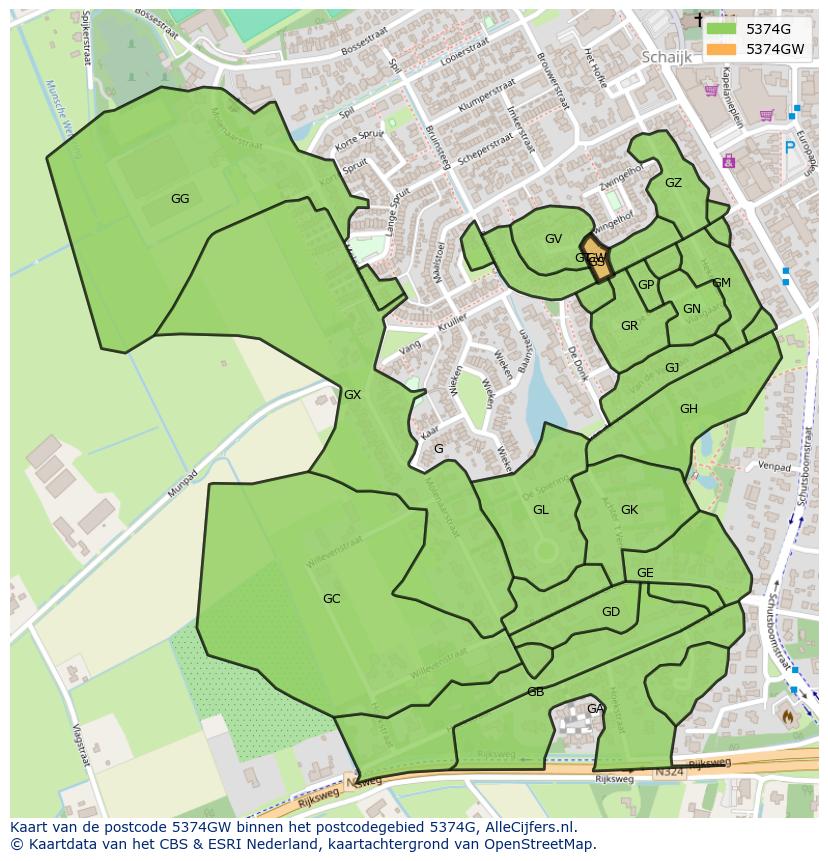 Afbeelding van het postcodegebied 5374 GW op de kaart.