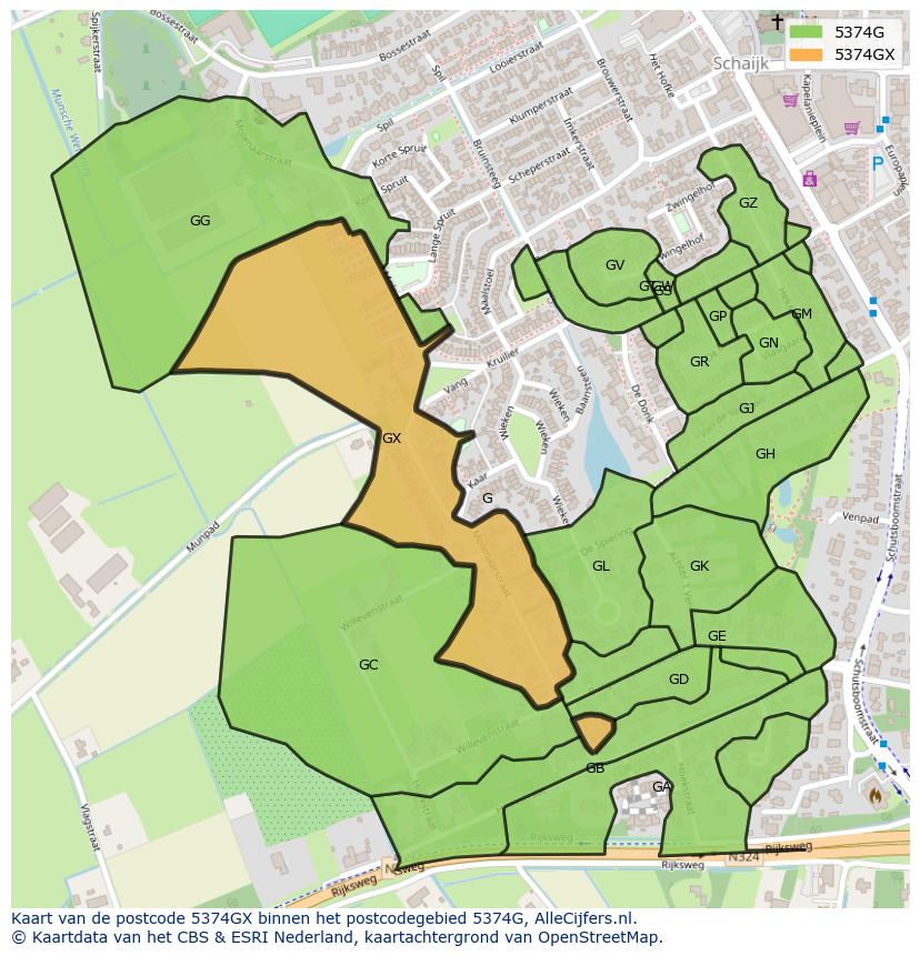 Afbeelding van het postcodegebied 5374 GX op de kaart.