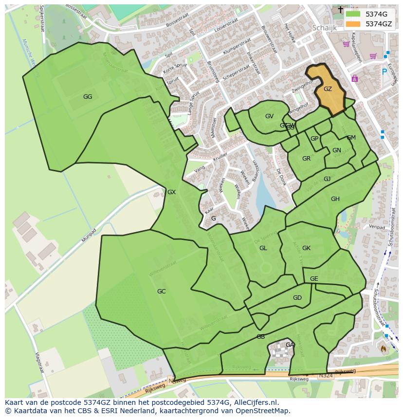 Afbeelding van het postcodegebied 5374 GZ op de kaart.