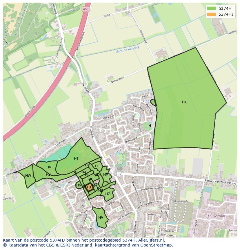 Afbeelding van het postcodegebied 5374 HJ op de kaart.