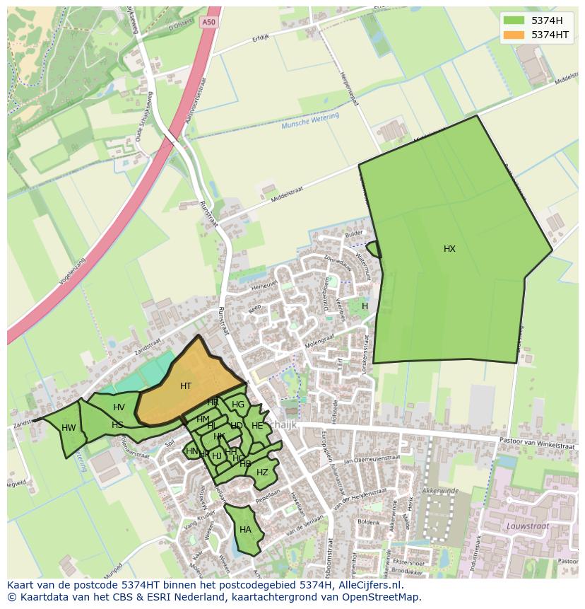 Afbeelding van het postcodegebied 5374 HT op de kaart.