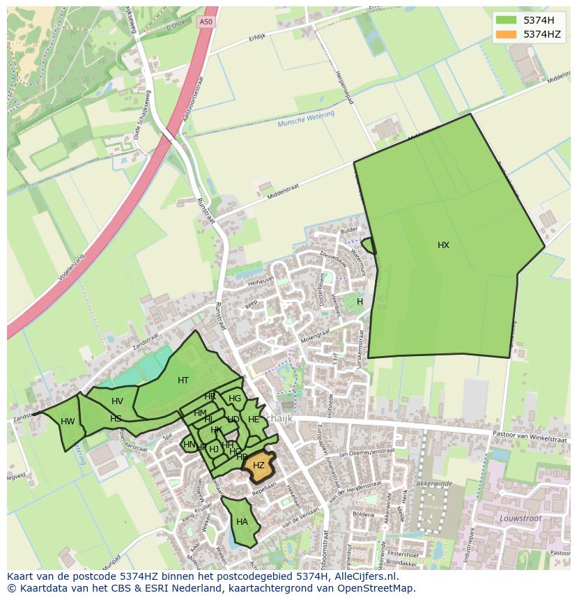 Afbeelding van het postcodegebied 5374 HZ op de kaart.