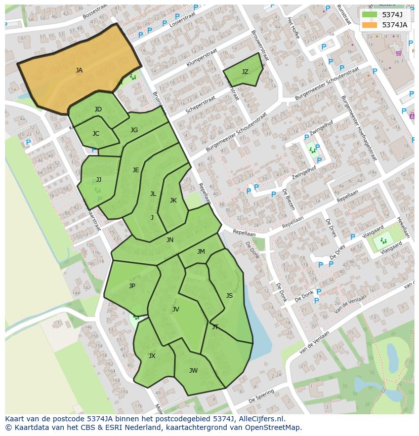 Afbeelding van het postcodegebied 5374 JA op de kaart.