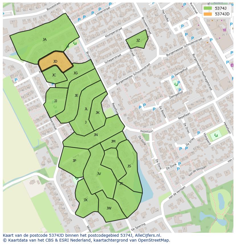 Afbeelding van het postcodegebied 5374 JD op de kaart.