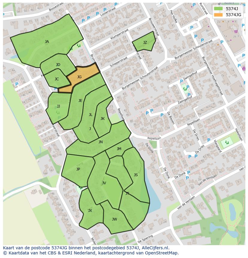 Afbeelding van het postcodegebied 5374 JG op de kaart.