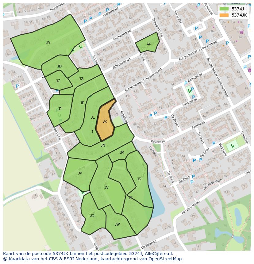 Afbeelding van het postcodegebied 5374 JK op de kaart.