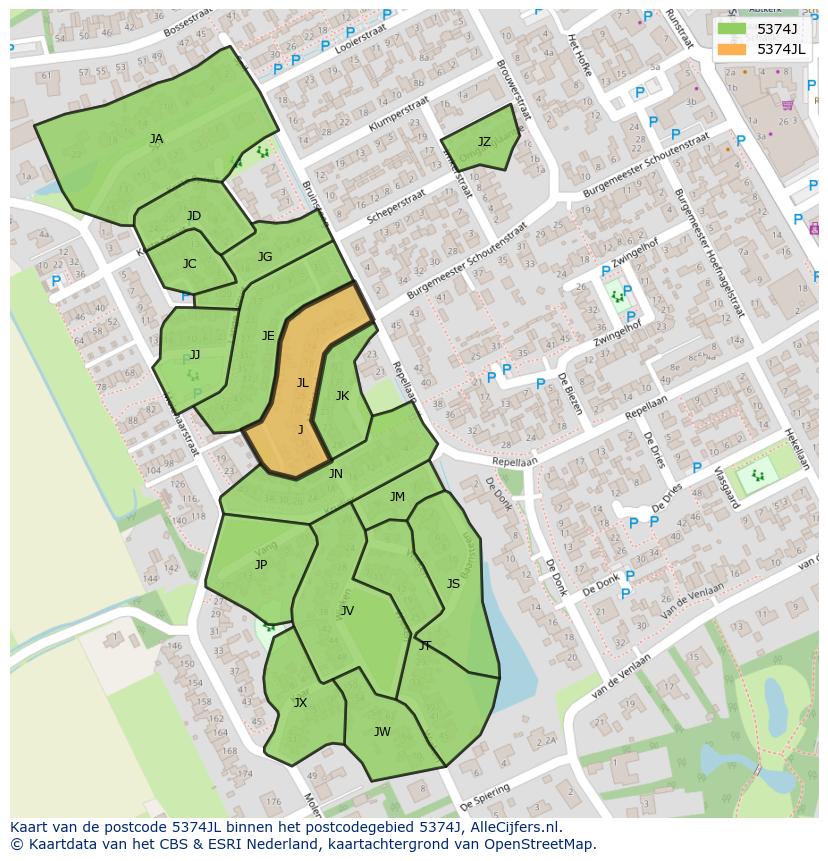 Afbeelding van het postcodegebied 5374 JL op de kaart.