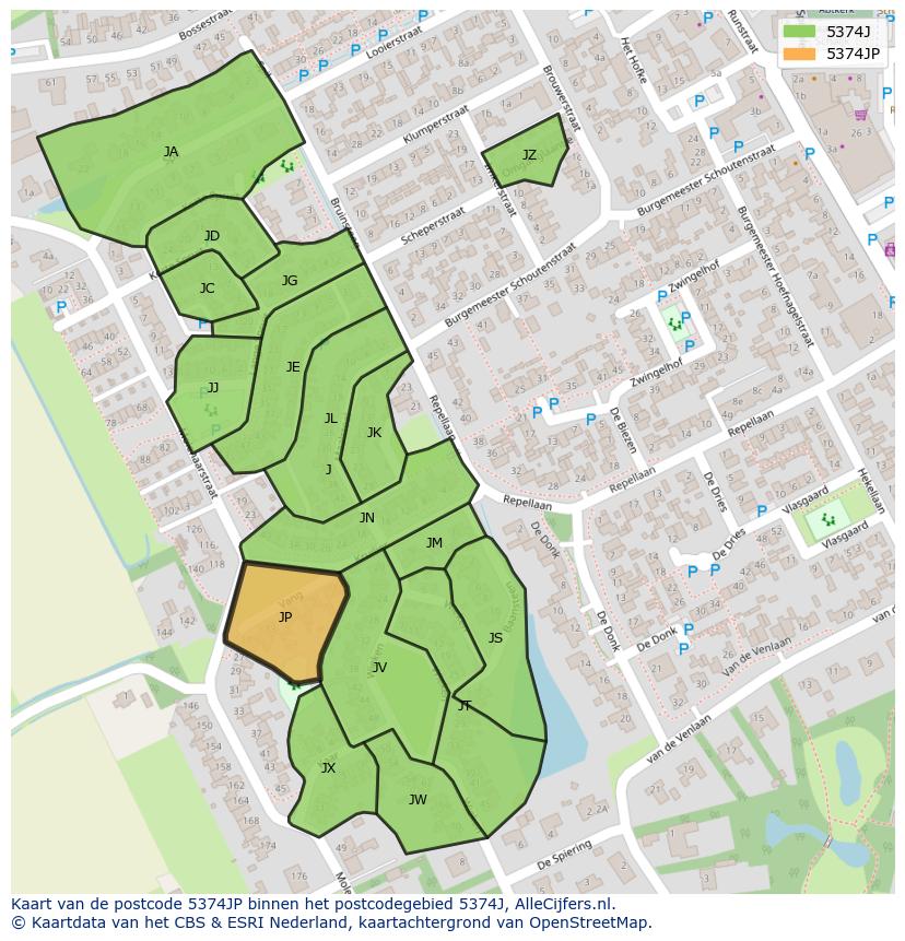 Afbeelding van het postcodegebied 5374 JP op de kaart.