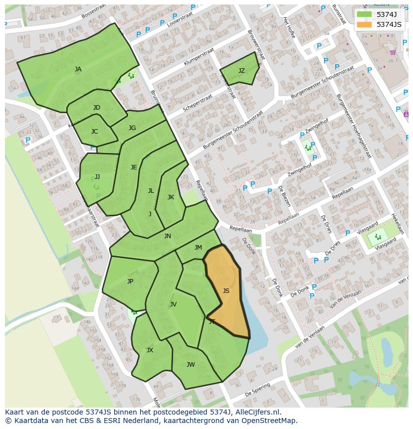 Afbeelding van het postcodegebied 5374 JS op de kaart.