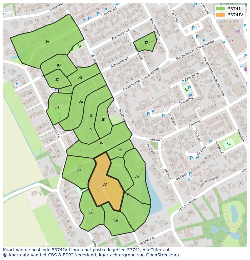Afbeelding van het postcodegebied 5374 JV op de kaart.