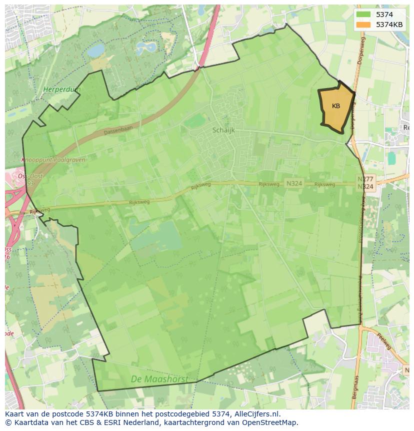 Afbeelding van het postcodegebied 5374 KB op de kaart.