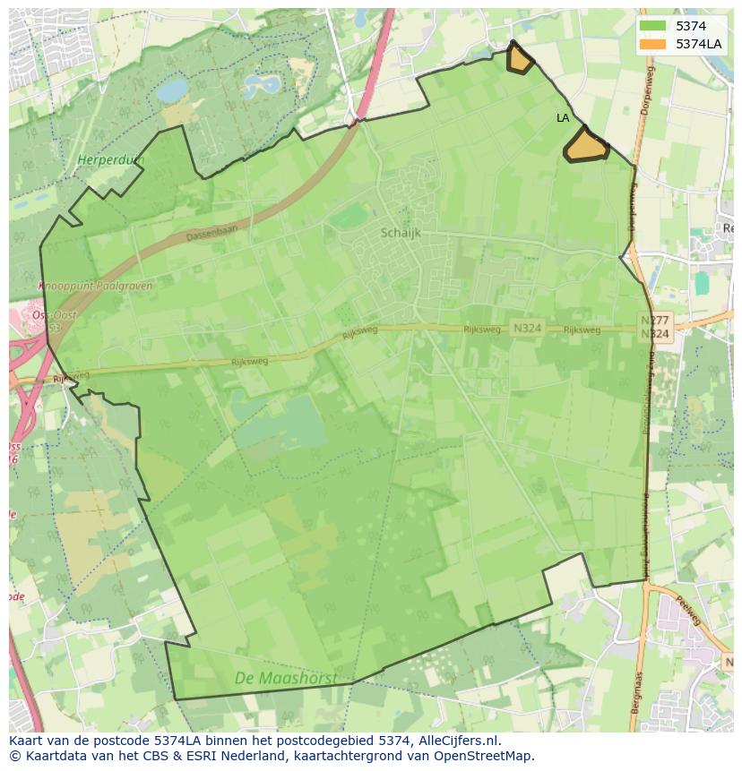 Afbeelding van het postcodegebied 5374 LA op de kaart.