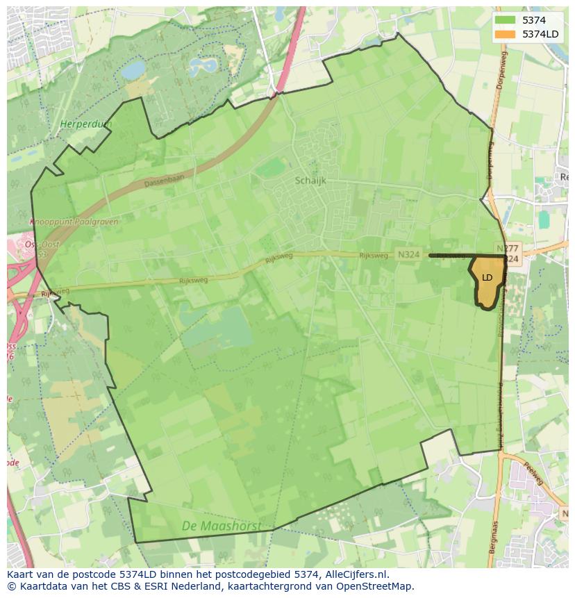 Afbeelding van het postcodegebied 5374 LD op de kaart.