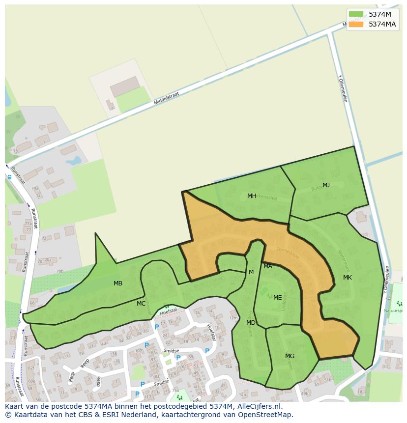Afbeelding van het postcodegebied 5374 MA op de kaart.