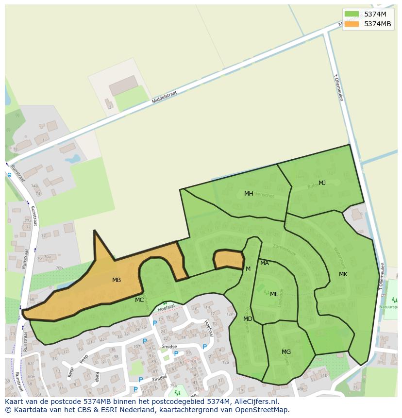Afbeelding van het postcodegebied 5374 MB op de kaart.