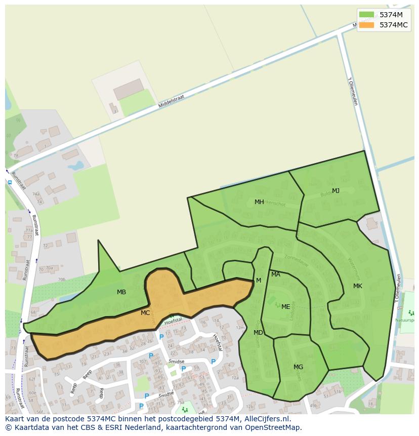 Afbeelding van het postcodegebied 5374 MC op de kaart.