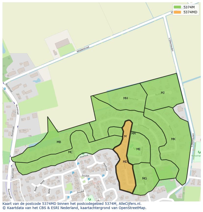 Afbeelding van het postcodegebied 5374 MD op de kaart.