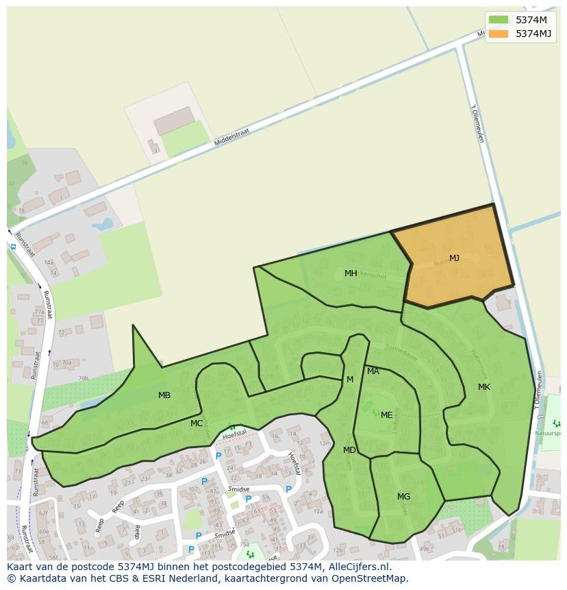 Afbeelding van het postcodegebied 5374 MJ op de kaart.