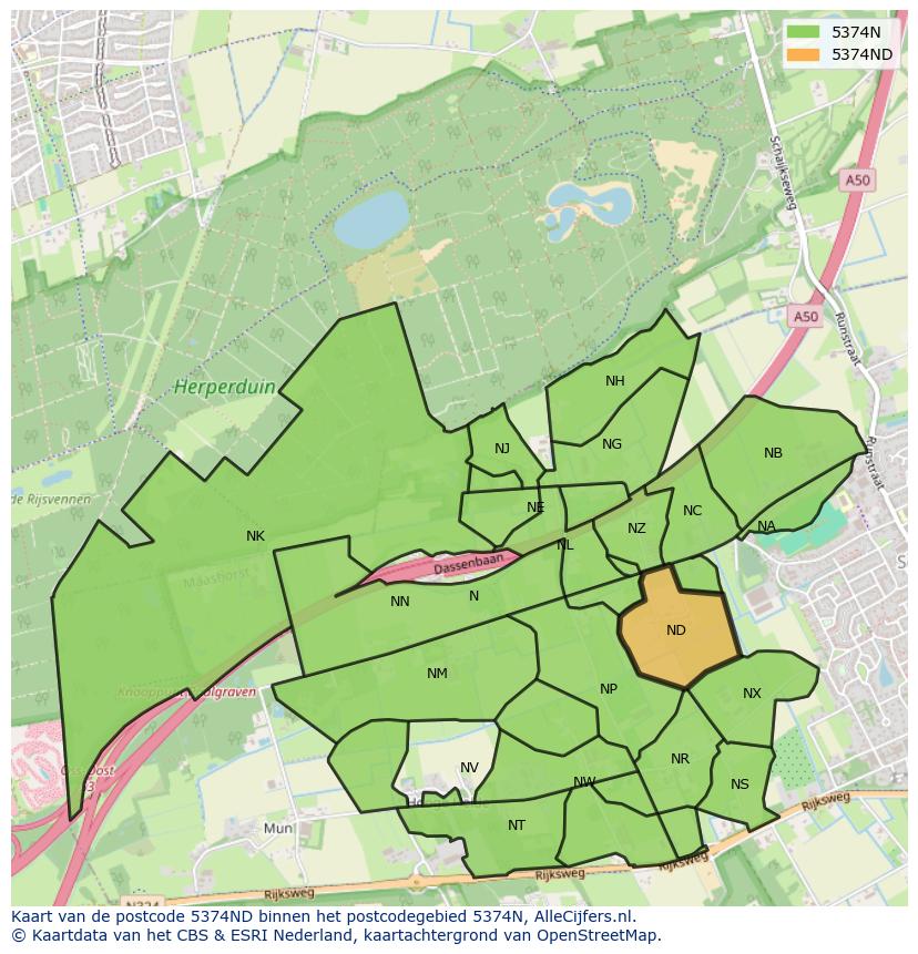 Afbeelding van het postcodegebied 5374 ND op de kaart.