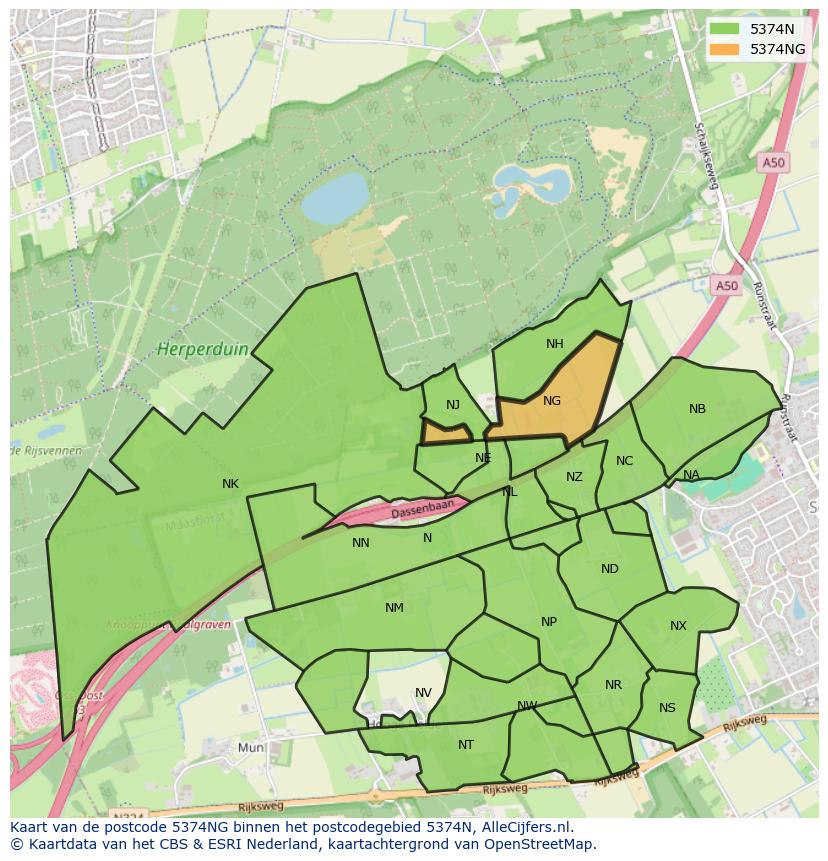 Afbeelding van het postcodegebied 5374 NG op de kaart.