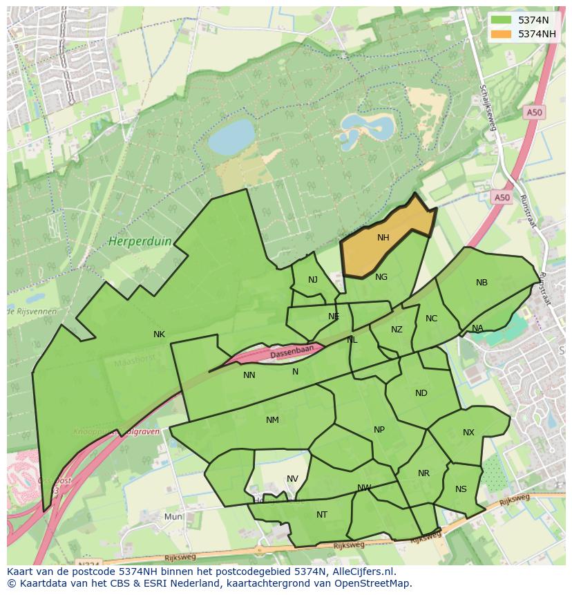 Afbeelding van het postcodegebied 5374 NH op de kaart.