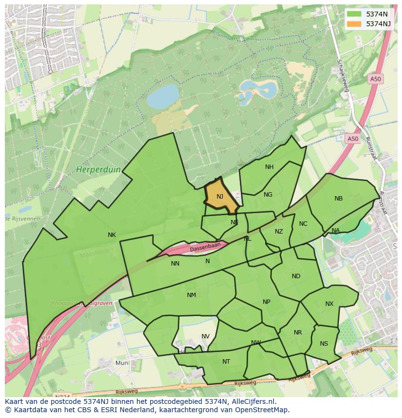 Afbeelding van het postcodegebied 5374 NJ op de kaart.