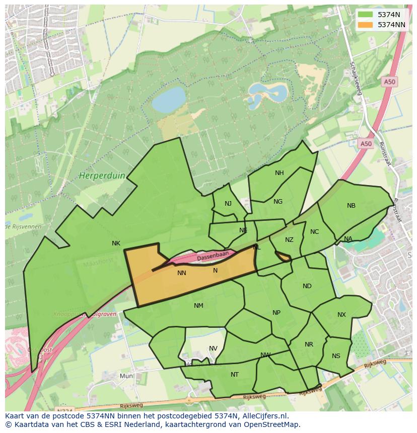 Afbeelding van het postcodegebied 5374 NN op de kaart.