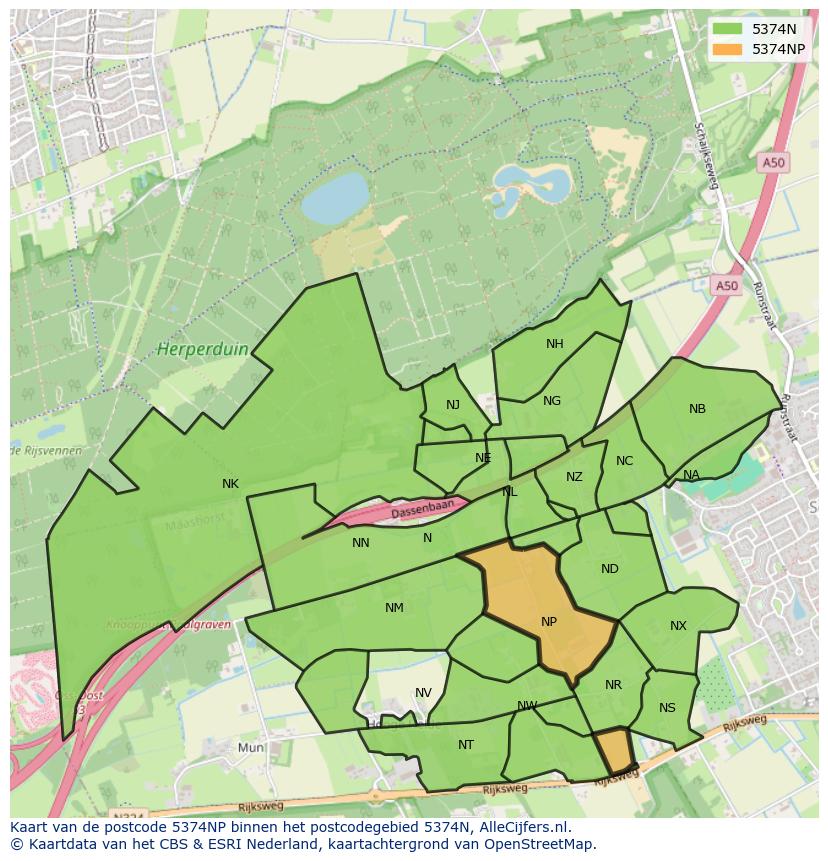 Afbeelding van het postcodegebied 5374 NP op de kaart.