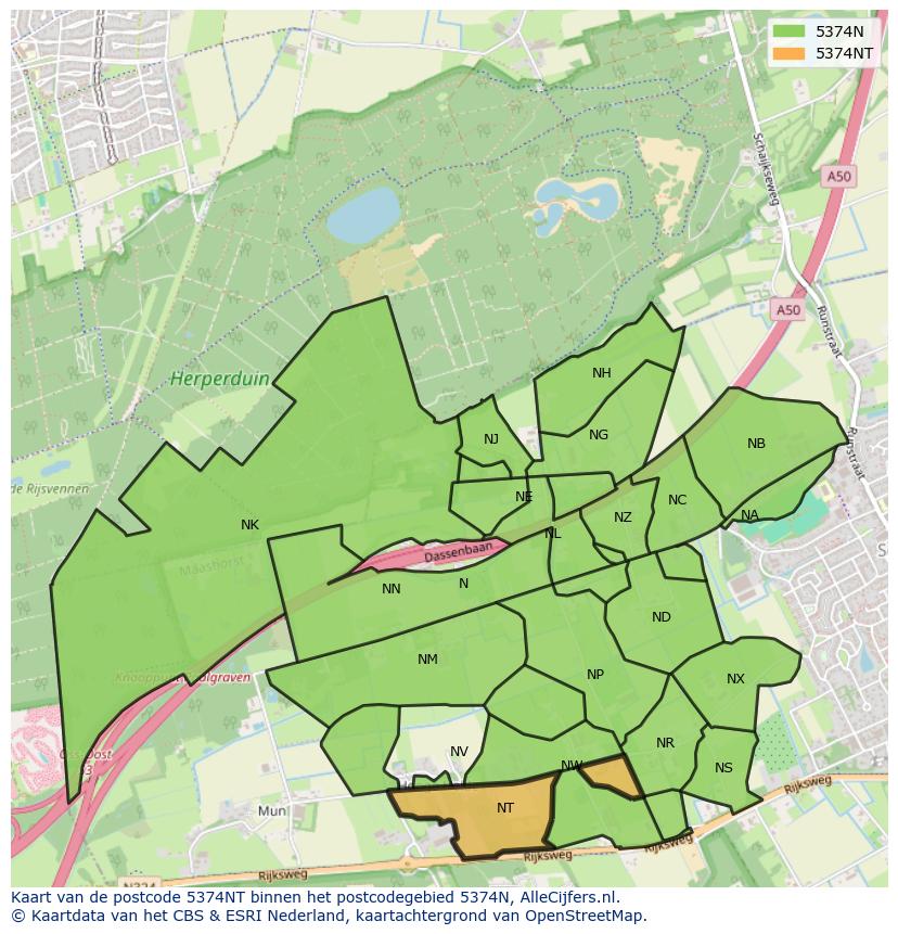 Afbeelding van het postcodegebied 5374 NT op de kaart.